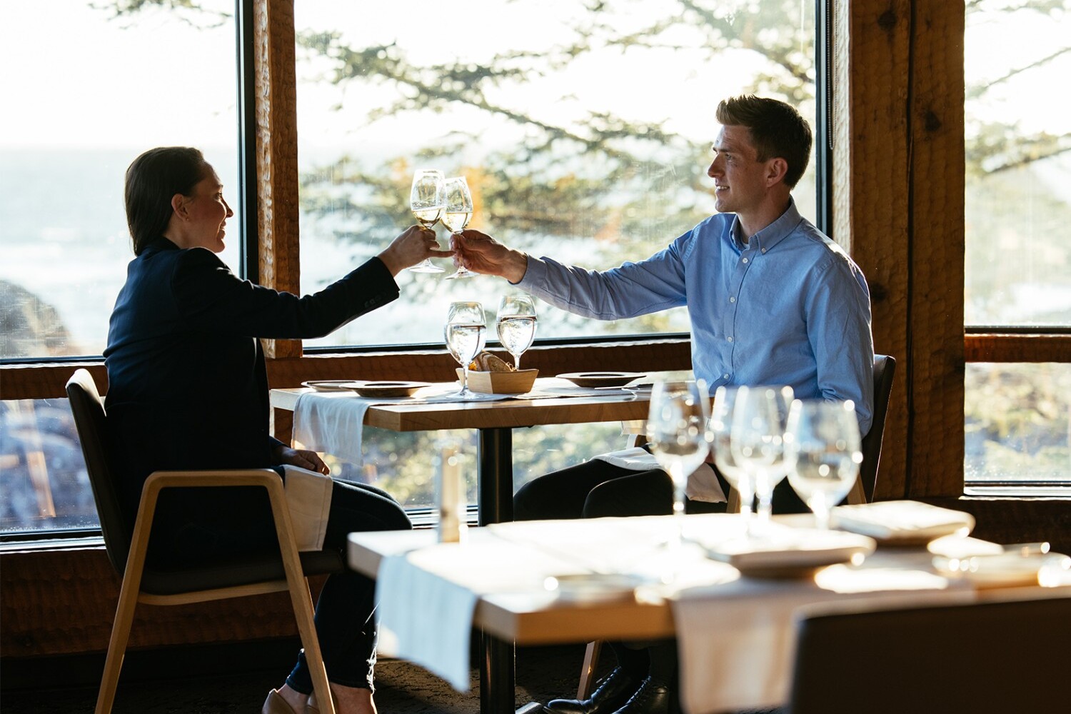 Two people are seated at a restaurant table by large windows with a scenic view. They are toasting with wine glasses. The setting appears bright and inviting.